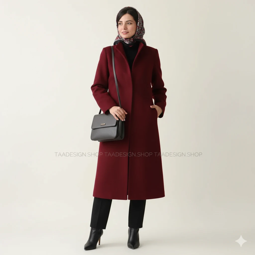 استایل زنانه با پالتو قرمز تیره