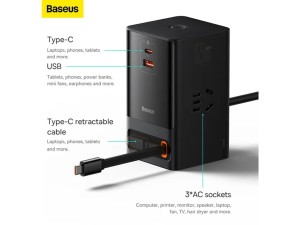 شارژر دیواری و آداپتور برق سوپر فست شارژ 65 وات با کابل تایپ سی جمع شونده بیسوس Baseus Gan5 Pro Digital Power Strip PSLR000001