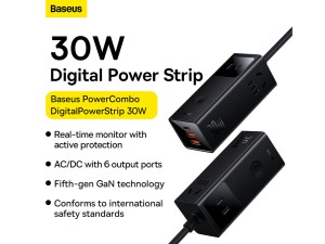 شارژر دیواری و آداپتور برق فست شارژ 30 وات با کابل برق 3 متری بیسوس Baseus PowerCombo Digital PowerStrip PSLA000101