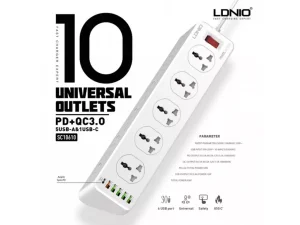 چندراهی برق 10 سوکت، 5 یواس‌بی و 1 تایپ‌‎سی الدنیو Ldnio Power Strip 2500W 2m UK Plug SC10610