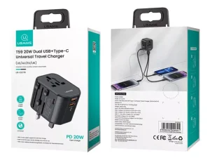 شارژر مسافرتی دو یواس‌بی، یک تایپ‌سی و یک سوکت برق 20 وات یوسامز USAMS US-CC179 T59 20W USB+Type-C Universal Travel Charger 20W