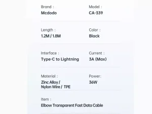 کابل شارژ گیمینگ تایپ سی به لایتنینگ 1.2 متری 36 وات مک دودو Mcdodo CA-339 USB C to Lightning Cable