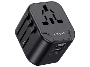 شارژر دیواری دو پورت یو اس بی و یک سوکت برق با دوشاخه های مختلف 12 وات یوسامز USAMS US-CC173 Universal Travel Charger