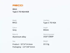 مبدل تایپ سی به وی جی ای رسی Recci Type-C to VGA HUB RH12