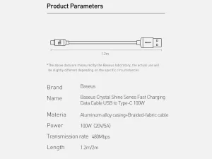 کابل سوپر فست شارژ یو اس بی به تایپ سی 100 وات 1.2 متری بیسوس Baseus Crystal Shine USB to USB-C Cable CAJY000401