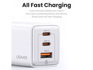 شارژر دیواری فست یو اس بی و تایپ سی 65 وات یوسامز USAMS US-CC180 ACC Three Ports GaN Charger EU Plug