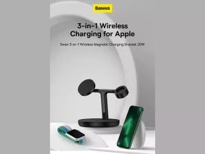 شارژر بی سیم مگنتی رومیزی آیفون 20 وات و پایه نگهدارنده موبایل 3 در 1 بیسوس Baseus Swan 3-in-1 Wireless Magnetic Charging Bracket 20W WXTE000001