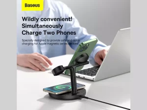 شارژر بی سیم مگنتی رومیزی آیفون 20 وات و پایه نگهدارنده موبایل 3 در 1 بیسوس Baseus Swan 3-in-1 Wireless Magnetic Charging Bracket 20W WXTE000001