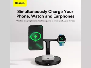 شارژر بی سیم مگنتی رومیزی آیفون 20 وات و پایه نگهدارنده موبایل 3 در 1 بیسوس Baseus Swan 3-in-1 Wireless Magnetic Charging Bracket 20W WXTE000001