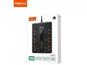 چندراهی برق تایمردار 6 سوکت و 6 پورت رسی Recci RC07 2500W Power Socket