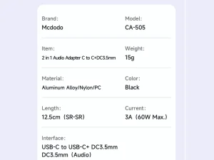 مبدل تایپ‌ سی به تایپ‌ سی و درگاه صدای جک 3.5 میلی‌متری مک دودو CA-505