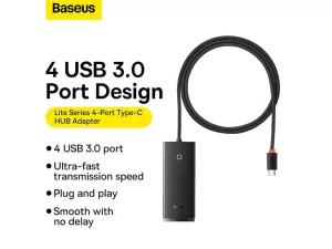 هاب چهار پورت یواس‌بی همراه با کابل دو متری تایپ‌سی بیسوس Baseus Lite Series Type-C HUB WKQX030501