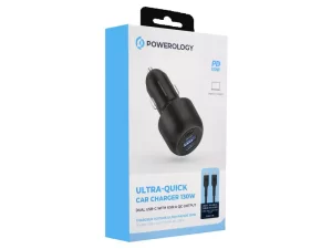 شارژر فندکی 130 وات همراه با کابل دو سر تایپ سی 90 سانتی متری پاورولوژی Powerology Ultra Quick Car Charger PCCSR007-C