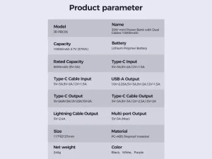 پاوربانک تایپ سی و یو اس بی 30 وات 20000 جویروم با کابل تایپ سی و لایتنینگ JR-PBC07