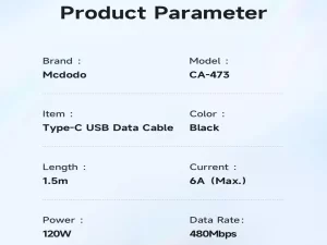 کابل سوپر فست شارژ یو اس بی به تایپ سی 6 آمپر 120 وات 1.5 متری مک دودو CA-473
