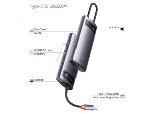 هاب تایپ سی 4 پورت Baseus Metal Gleam Series 4 in 1 HUB Docking Station Type-C WKWG070013