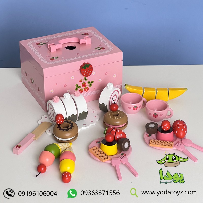 ست اسباب بازی چوبی عصرانه خوری با رولت، میوه و بستنی خوری طرح توت فرنگی کد 911