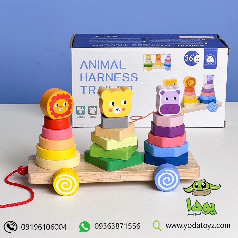 اسباب بازی آموزشی برج هوش حیوانات چوبی چرخ دار کد 1314