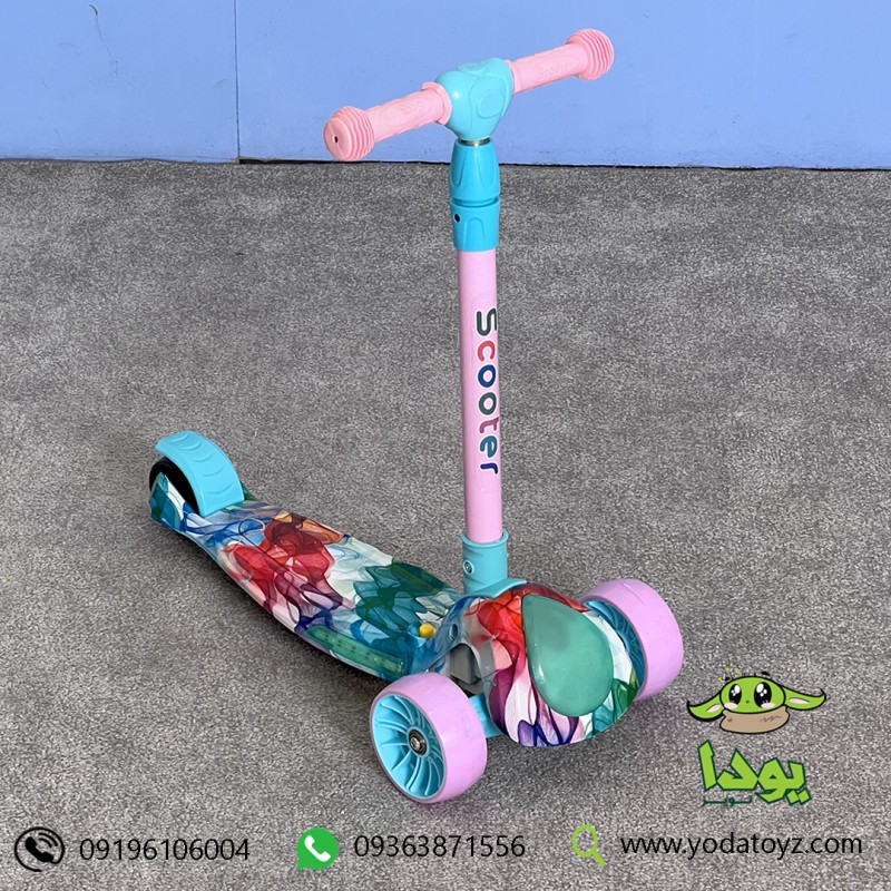 اسکوتر کودک تاشو موزیکال طرح آبرنگی رنگ صورتی کد 1004
