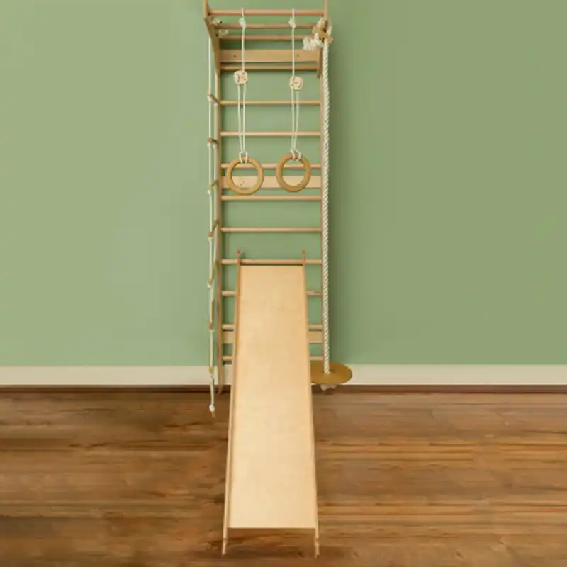 ست کامل نردبان سوئدی با سرسره +  تاب گرد + حلقه ژیمناستیک و نردبان معلق