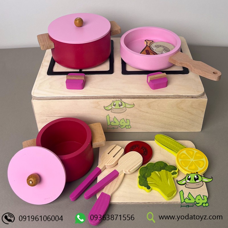 ست قابلمه و ظروف آشپزی چوبی اسباب بازی (سرخابی با در صورتی)