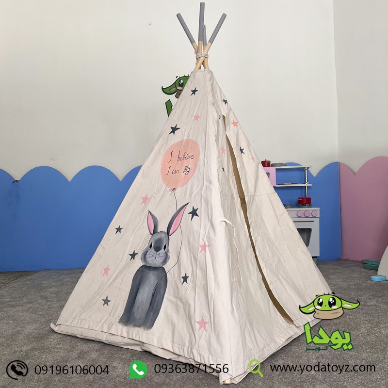 چادر بازی کودک مدل سرخپوستی طرح خرگوش خاکستری با تشک