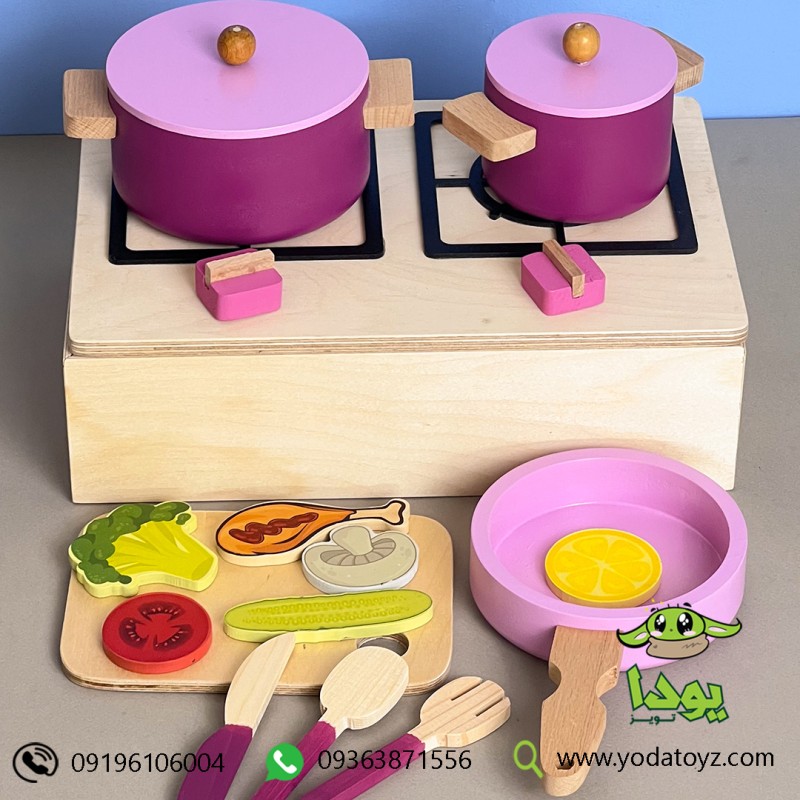 قابلمه و ظروف آشپزی چوبی اسباب بازی (بنفش با درهای صورتی)