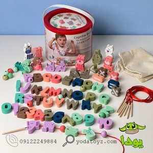 اسباب بازی نخ و مهره اعداد، حروف انگلیسی،حیوانات پازلی سطلی مدل jhtoy-103-3