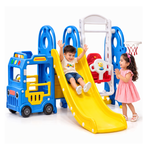 مجموعه بازی کودک شامل سرسره، تاب، پایه بسکتبال، خانه بازی اتوبوس کد UN-BS01