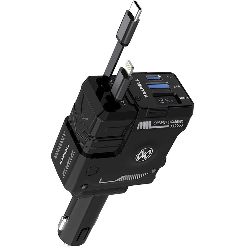 شارژر فندکی فست شارژ ماشین تایپ‌سی و یو‌اس‌بی 120 وات مکسول Maxwell DRIVE HUB با کابل جمع شونده لایتنینگ و تایپ‌سی