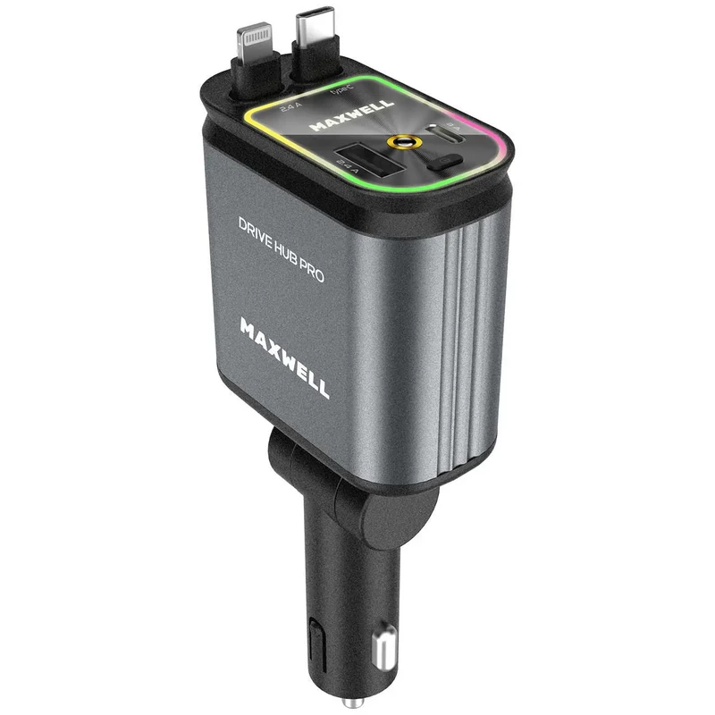 شارژر فندکی فست شارژ ماشین تایپ‌سی و یو‌اس‌بی 120 وات مکسول Maxwell Drive Hub Pro با کابل متصل تایپ‌سی و لایتنینگ