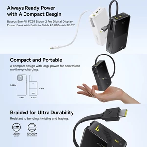 پاوربانک فست شارژ تایپ سی و یو اس بی باسئوس با کابل تایپ‌سی متصل و نمایشگر دیجیتالی