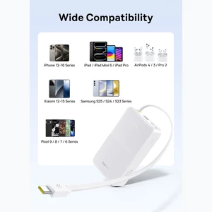 پاوربانک فست شارژ تایپ سی و یو اس بی باسئوس با کابل تایپ‌سی متصل و نمایشگر دیجیتالی