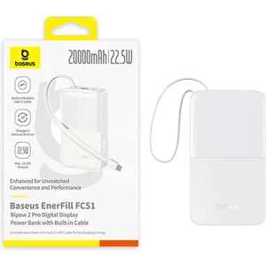 پاوربانک فست شارژ تایپ سی و یو اس بی باسئوس با کابل تایپ‌سی متصل و نمایشگر دیجیتالی