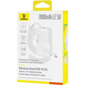 پاوربانک فست شارژ تایپ سی و یو اس بی باسئوس با کابل تایپ‌سی متصل و نمایشگر دیجیتالی