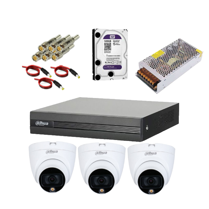 پکیج دوربین مداربسته 3 عددی برند داهوا دید شب رنگی