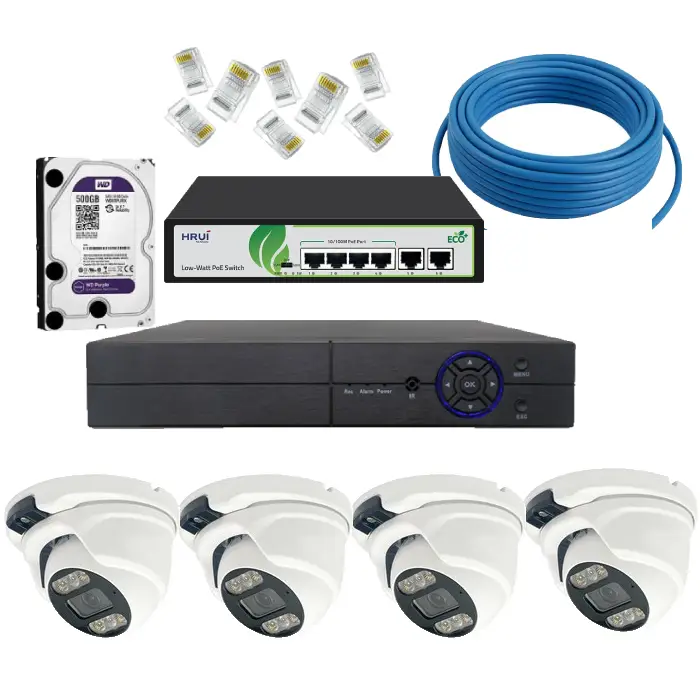 پکیج حرفه ای آماده نصب دوربین مداربسته تحت شبکه 5مگاپیکسل 4 عددی