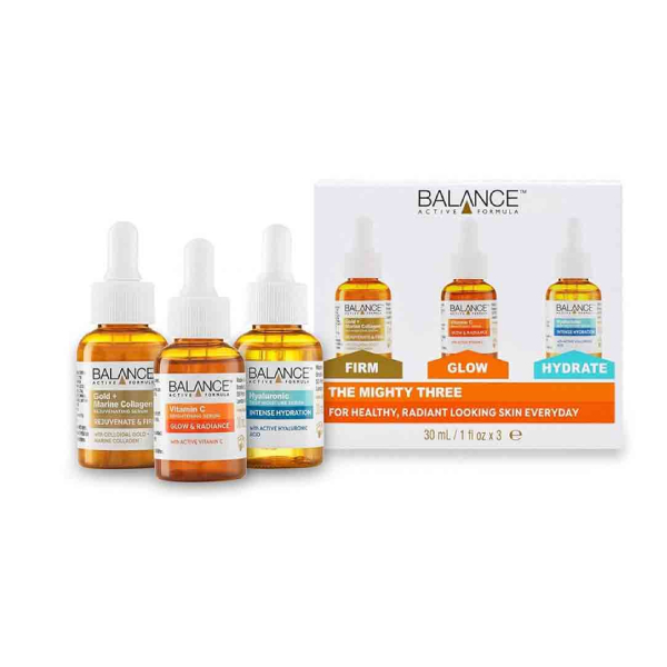 پک سه تایی سرم جوان کننده و سه‌کاره بالانس مدل The Mighty Three (حاوی ویتامین C، هیالورونیک اسید و گلد کلاژن) حجم ۳ × ۳۰ میل