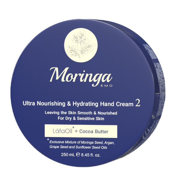 کرم دست فوق مغذی و آبرسان مناسب پوست‌های خشک و حساس مورینگا حاوی کره کاکائو حجم ۲۵۰ میل