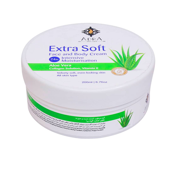 کرم مرطوب‌کننده و تسکین‌دهنده حاوی آلوئه‌ورا آدرا مدل Extra Soft Aloe Vera حجم 200 میل