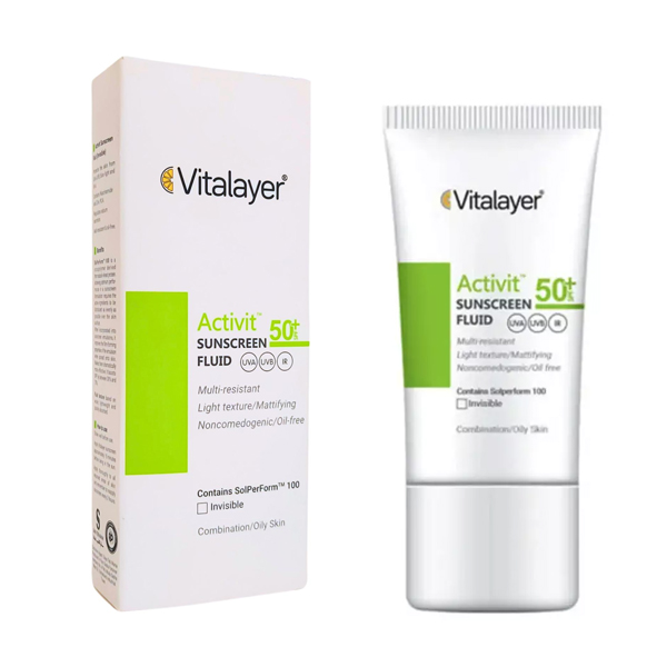 فلوئید ضد آفتاب بی‌رنگ محافظ و مات‌کننده پوست چرب و مختلط ویتالیر مدل Activit SPF50 حجم 50 میل