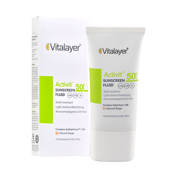 فلوئید ضد آفتاب رنگی محافظ و مات‌کننده پوست چرب و مختلط ویتالیر مدل Activit  SPF50 حجم 50 میل