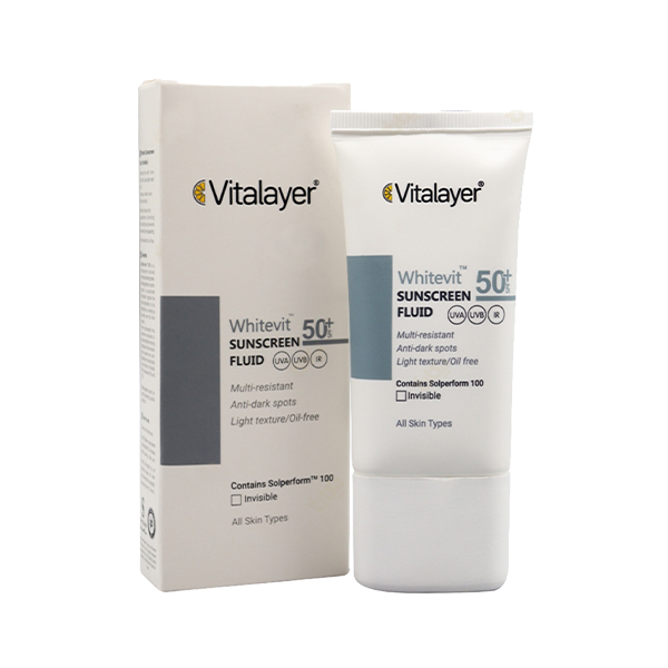 فلوئید ضد آفتاب بی‌رنگ ضد لک و روشن‌کننده پوست‌های دارای لک ویتالیر مدل Whitevit SPF50 حجم 50 میل