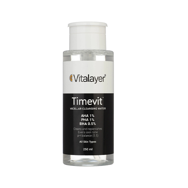 محلول پاککننده آرایش لایهبردار مناسب انواع پوست ویتالیر مدل Timevit حجم 250 میل