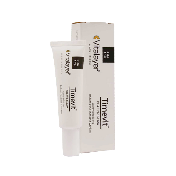 کرم لایه بردار ملایم حاوی PHA 15% ضد چروک و شفاف‌کننده پوست ویتالیر مدل Timevit حجم 30 میل