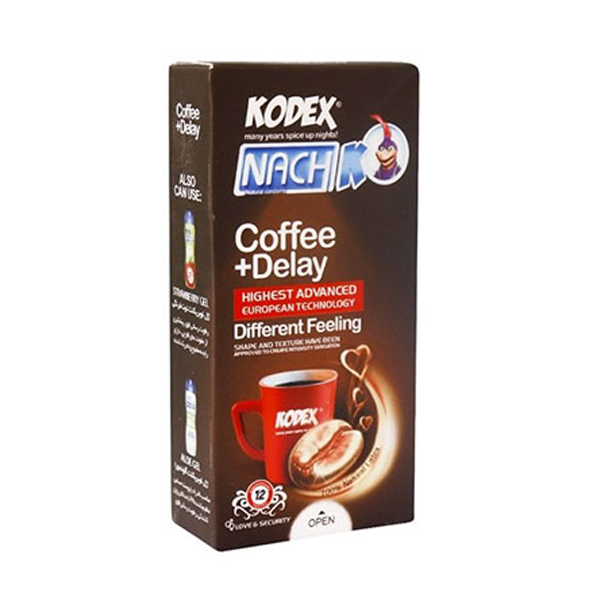 کاندوم تاخیری و گرم‌کننده با رایحه قهوه و شکلات کودکس مدل Coffee + Delay بسته 12 عددی