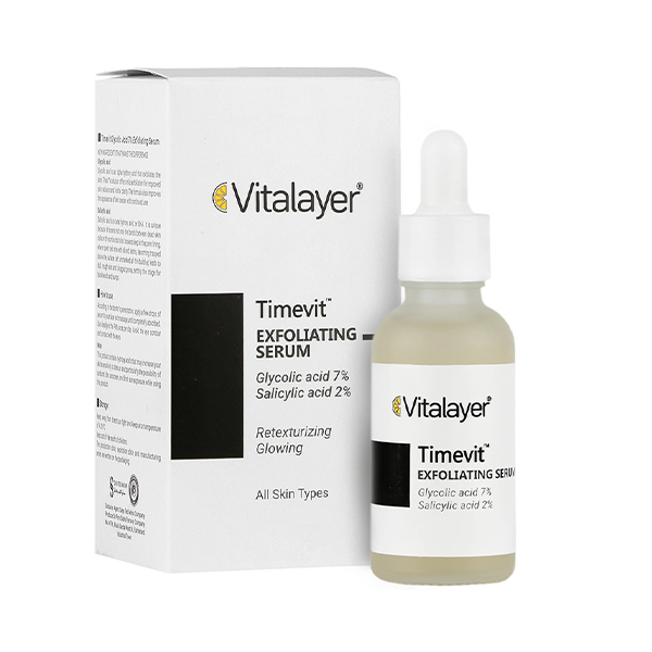 سرم لایه‌بردار و ضد چروک ویتالیر روشن‌کننده حاوی گلایکولیک اسید ۷٪ مدل Timevit حجم 30 میل