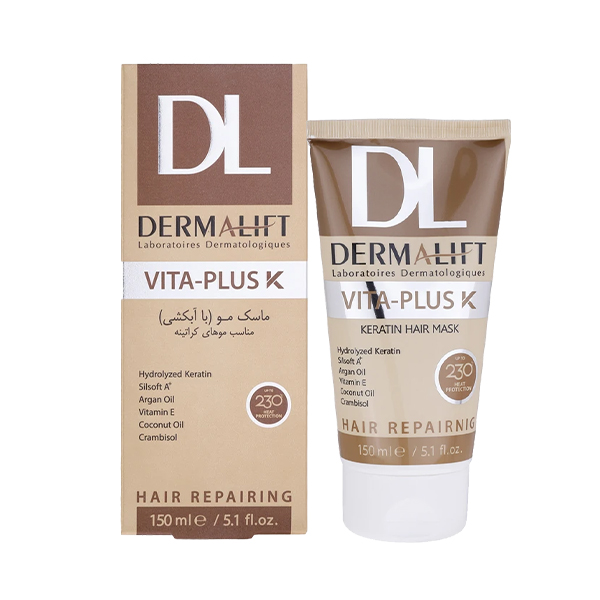ماسک موی تثبیت‌کننده کراتین درمالیفت فاقد سولفات مخصوص موهای کراتینه مدل Vita-Plus حجم 150 میل