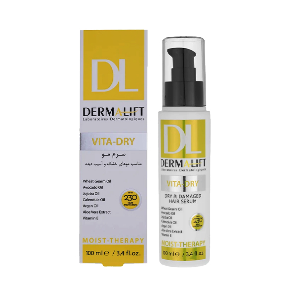 سرم موی ترمیم‌کننده و درخشان‌کننده درمالیفت مخصوص موهای خشک و آسیب‌دیده مدل Vita-Dry حجم 100 میل