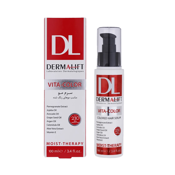 سرم موی تثبیت‌کننده رنگ و درخشان‌کننده درمالیفت مخصوص موهای رنگ‌شده مدل Vita-Color حجم 100 میل